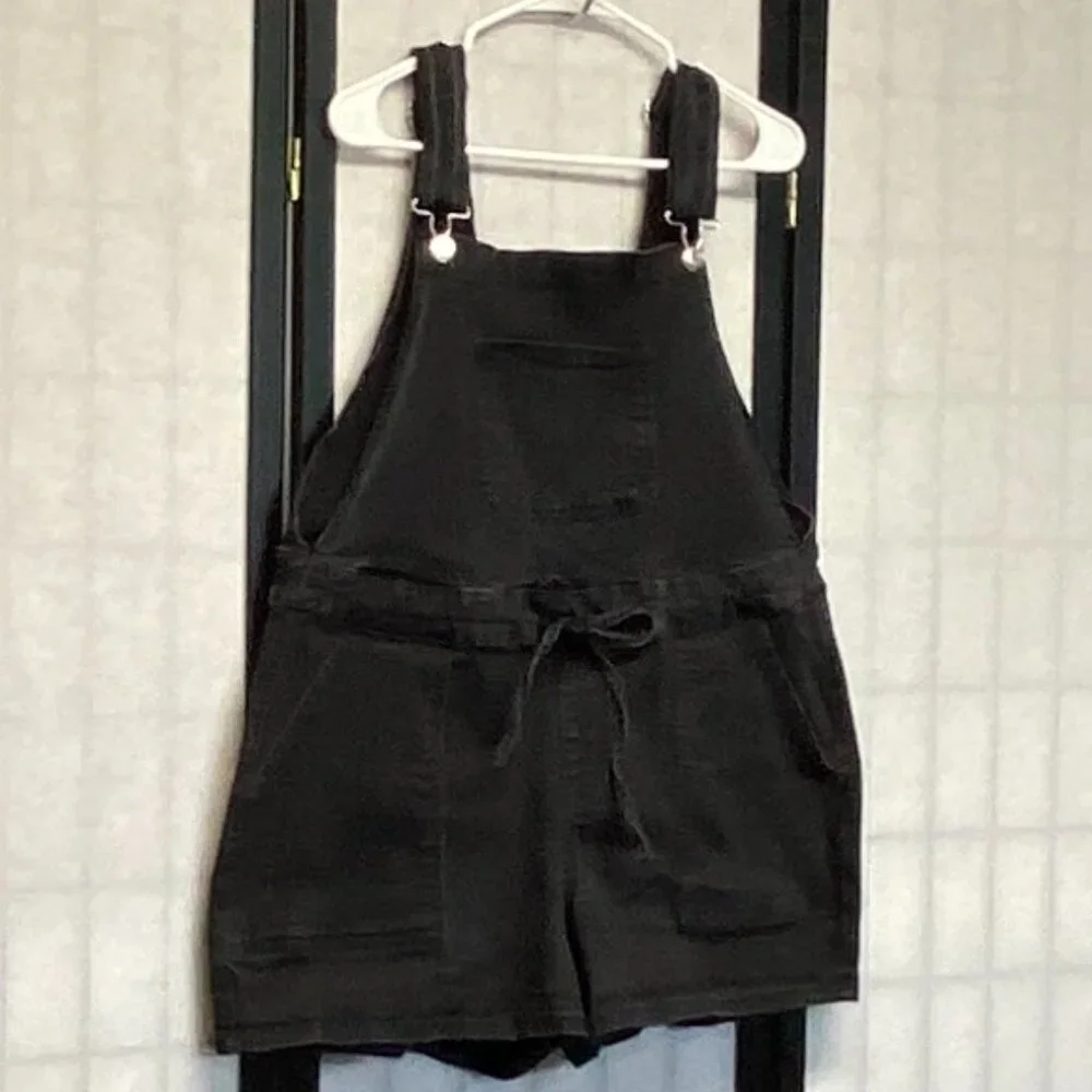 Maurices Black Denim Shortalls XL Tie Waist Bib Overalls Faded Summer Style - Picture 3 of 9